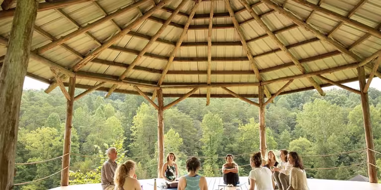 forest therapy session with instructor guiding mindfulness