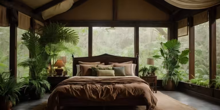 person meditating in a lush forest surrounded by diverse plants and animals, with educational signs about local species