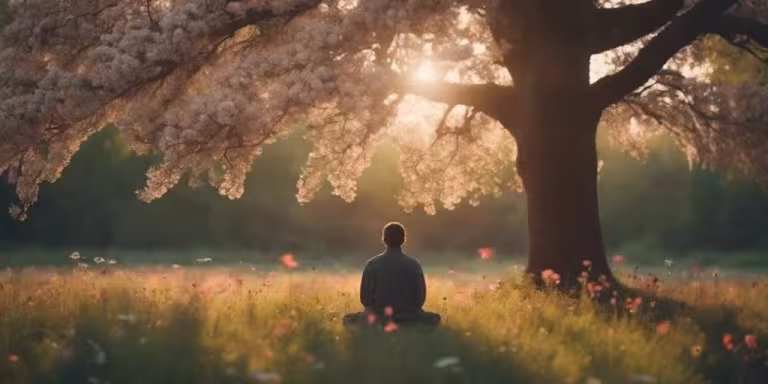 serene forest with a person meditating, capturing the essence of silence and inner peace