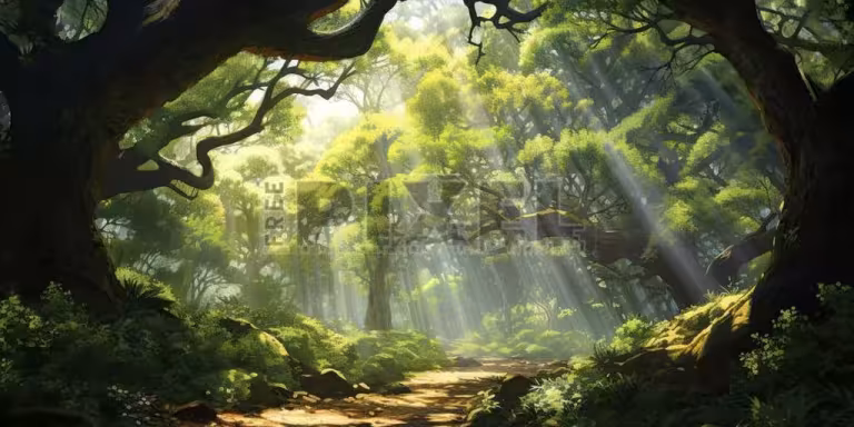 serene forest with sunlight filtering through trees, people engaging in forest bathing, tranquil woodland path