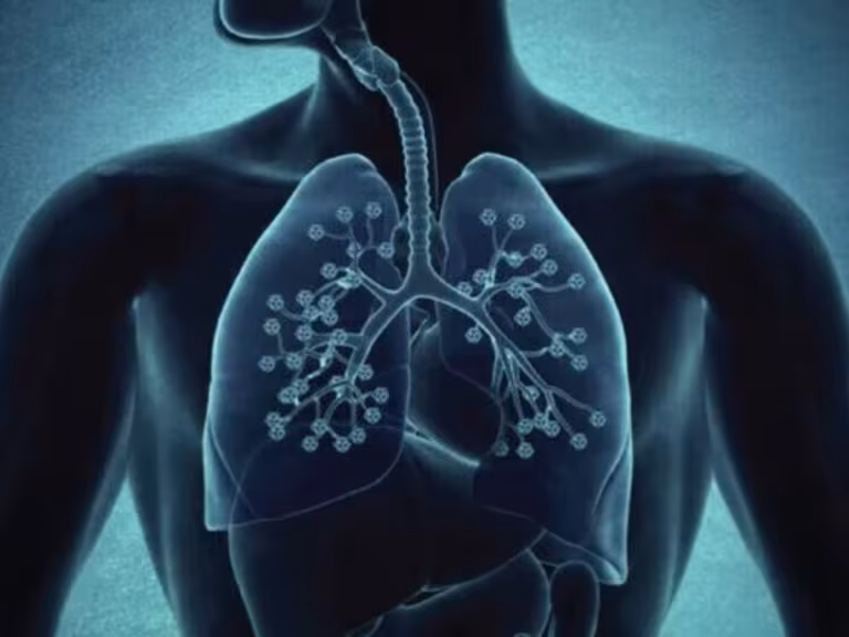 person breathing fresh air in a forest, representing relief from chronic bronchitis