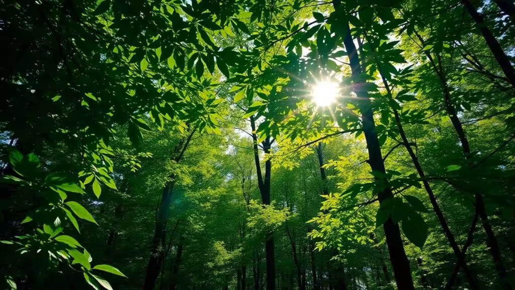 Tranquil forest scene with sunlight through green leaves.