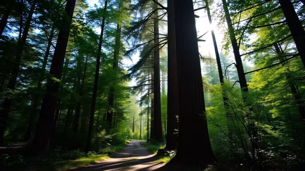 Peaceful forest pathway surrounded by tall trees and greenery.