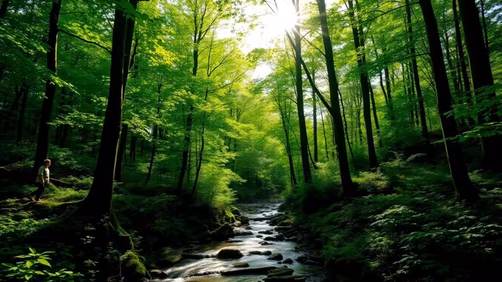 Person relaxing in a tranquil forest setting.