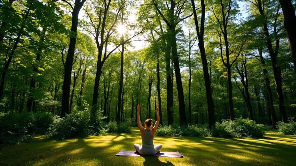 Person practicing yoga in a tranquil forest setting.