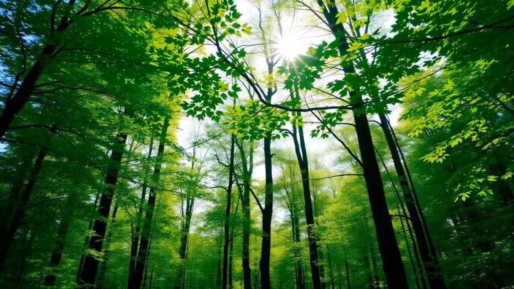 Sunlight through trees in a peaceful forest.