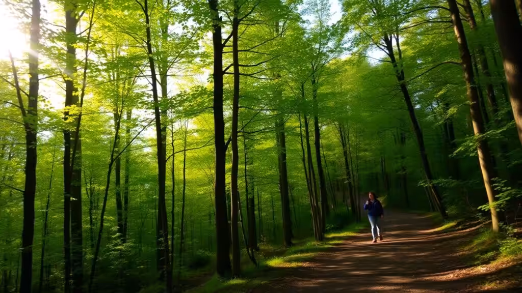 Person walking in a lush green forest environment.