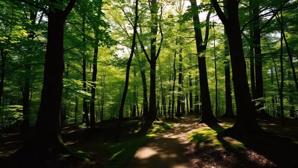 Lush green forest with sunlight and peaceful path.