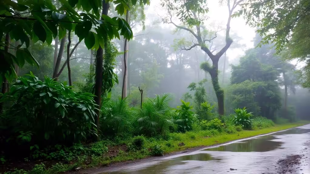 Lush wet forest with raindrops and misty atmosphere.