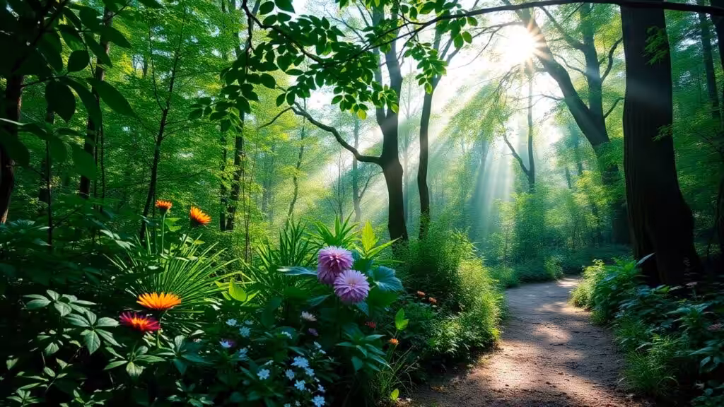 Forest scene with healing plants and sunlight filtering through.
