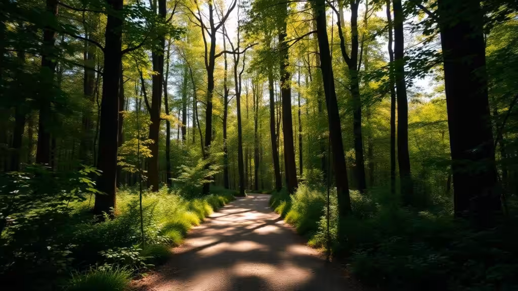Calm forest path with sunlight through trees.