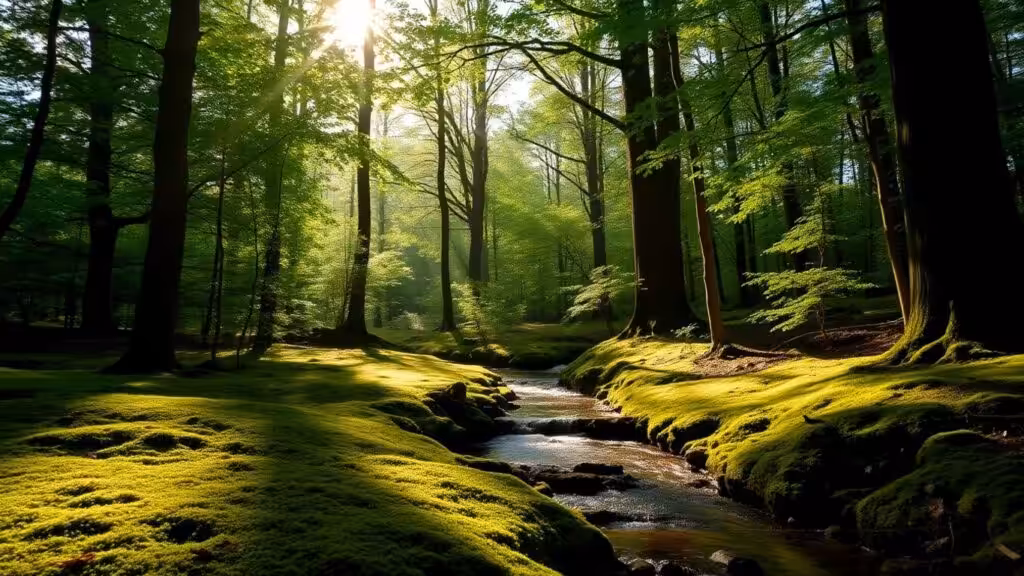Serene forest scene with sunlight and lush greenery.