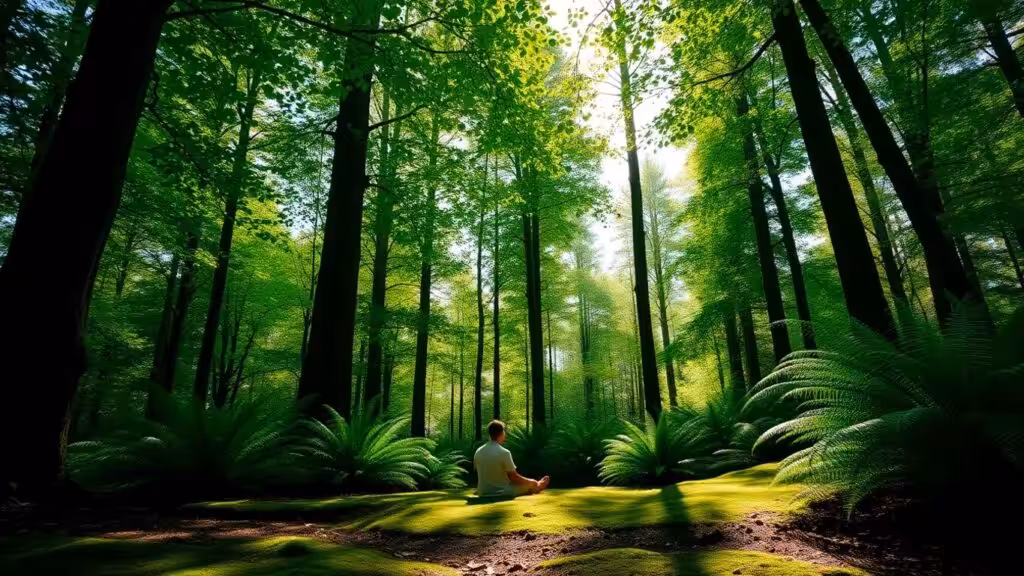 Person meditating in a tranquil forest setting.