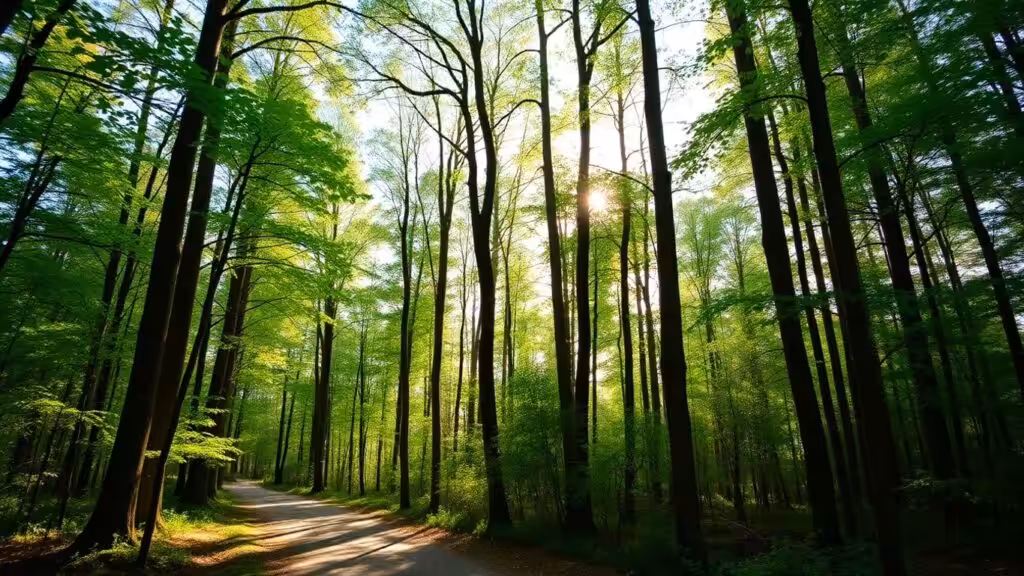 Tranquil forest path under soft sunlight for relaxation.