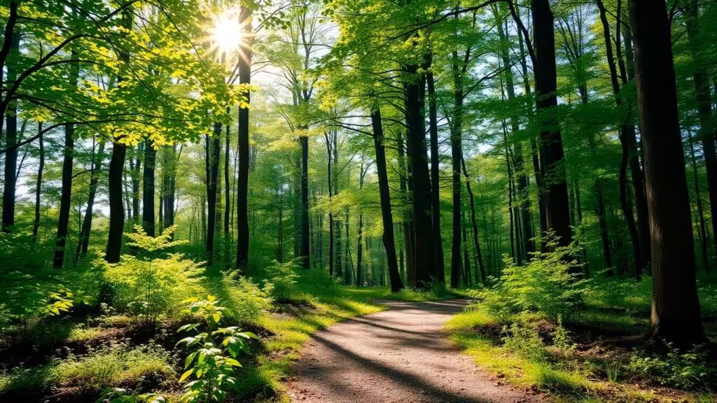 Sunlight through trees in a peaceful forest setting.