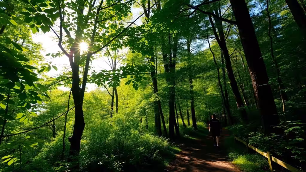 Person walking in a lush green forest pathway.