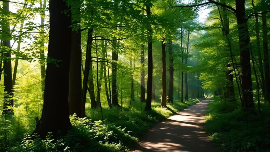 A peaceful forest with sunlight and green trees.