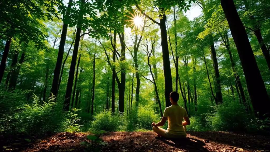 Person meditating in a tranquil green forest.