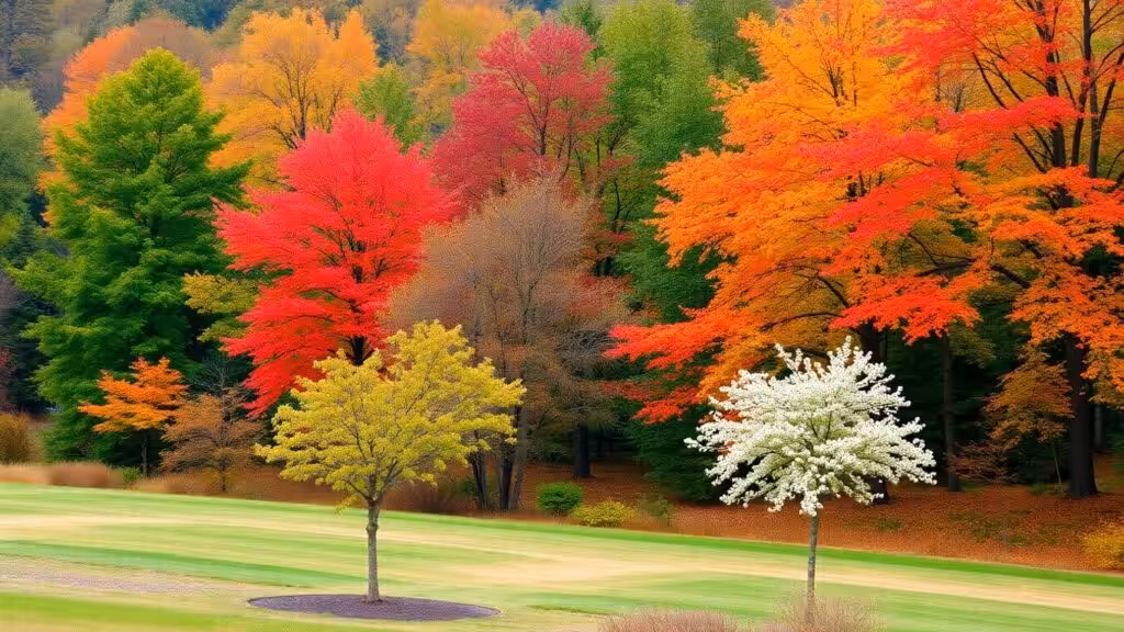Diverse trees in seasonal colors illustrating forest bathing.