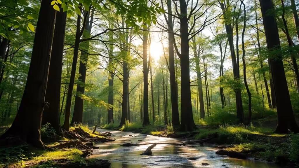 Tranquil forest scene with trees and soft sunlight.