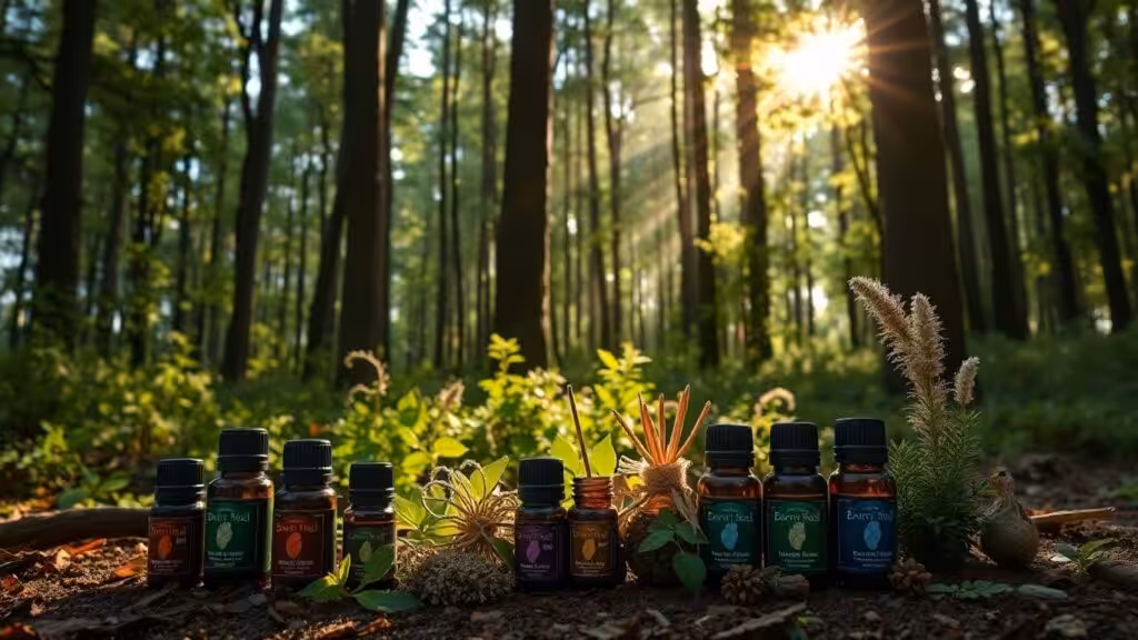 Forest with essential oils and herbs for mental health.