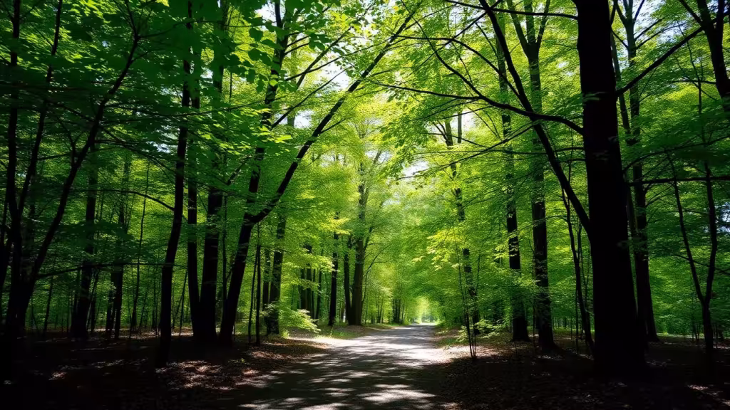 Lush green forest with sunlight filtering through trees.