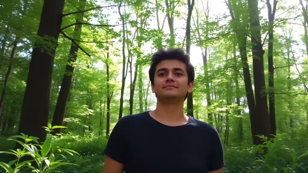 Person enjoying tranquility in a vibrant forest setting.