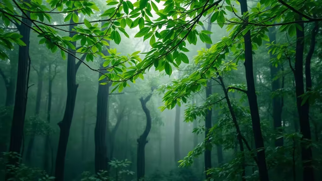 Rain-soaked forest with green leaves and mist.