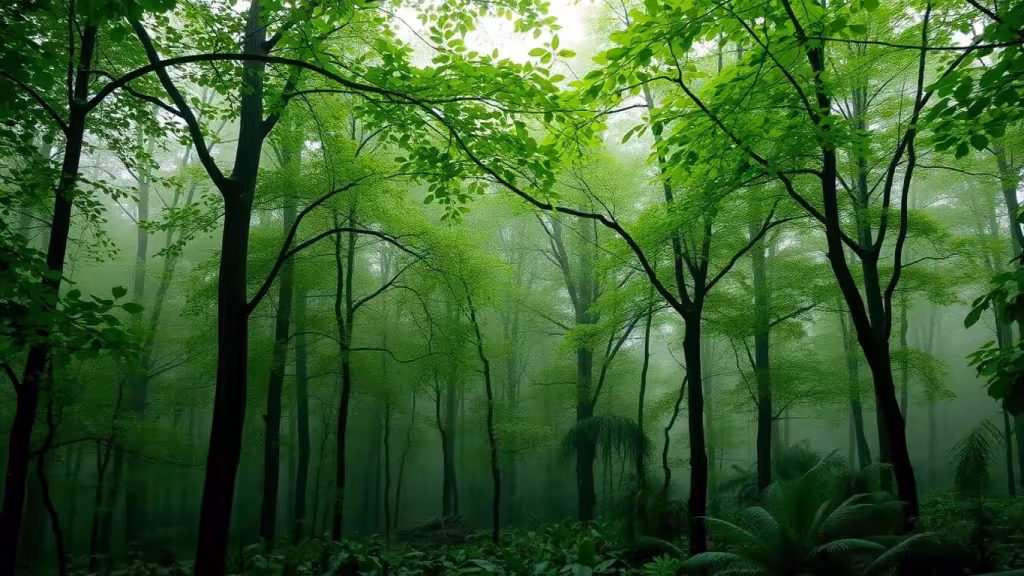 Rain-soaked forest with vibrant greenery and mist.