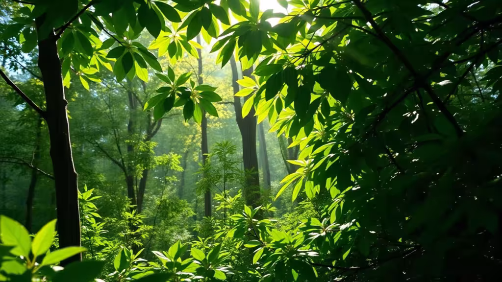 Sunlight and shadows in a tranquil forest setting.