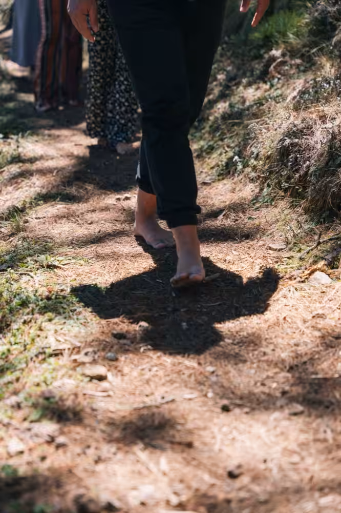 Bare feet on a forest floor of moss and leaves